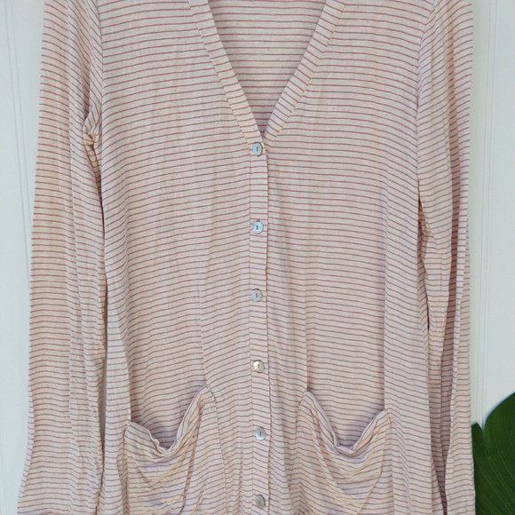 Logo Lori Goldstein Striped V Neck Cardigan Size XS Pink Oatmeal Lace Button Up - Picture 3 of 8